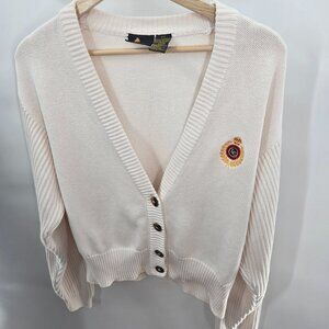Vintage Liz Claiborne Cream Open Buttoned Logo Preppy Cotton Cardigan Small